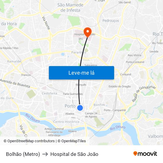 Bolhão (Metro) to Hospital de São João map