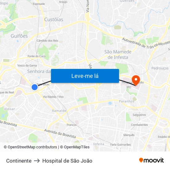Continente to Hospital de São João map