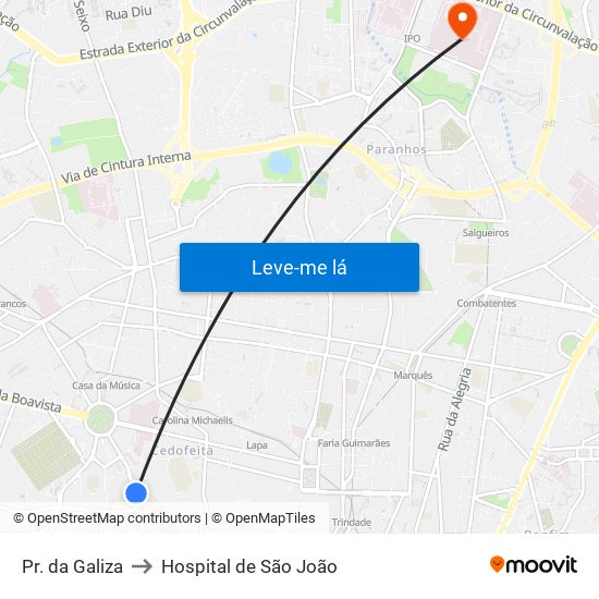 Pr. da Galiza to Hospital de São João map