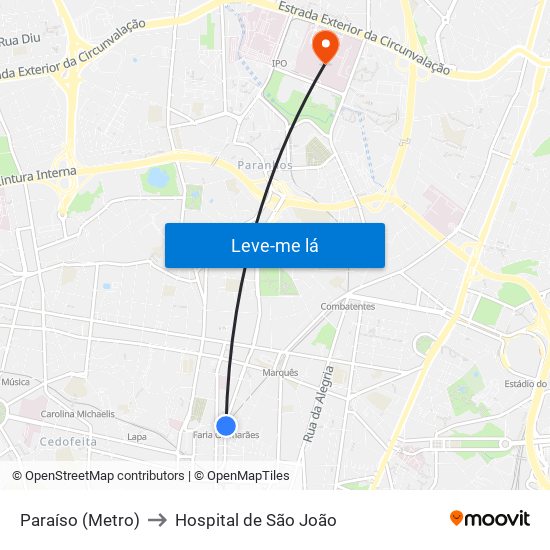 Paraíso (Metro) to Hospital de São João map