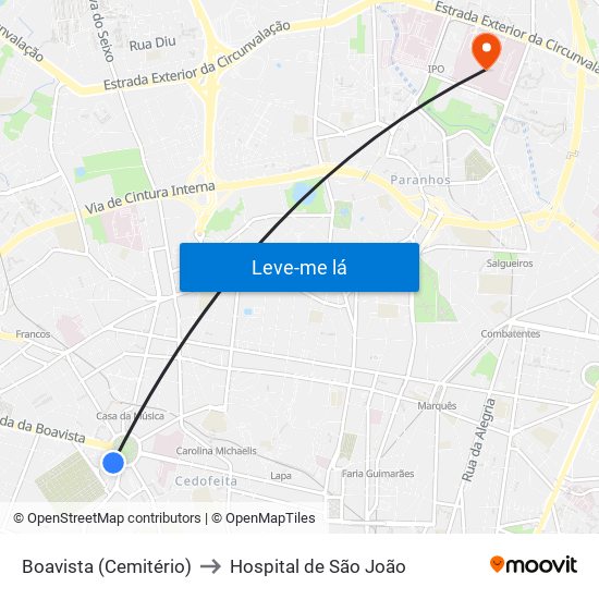 Boavista (Cemitério) to Hospital de São João map