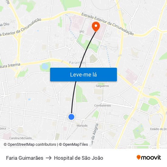 Faria Guimarães to Hospital de São João map