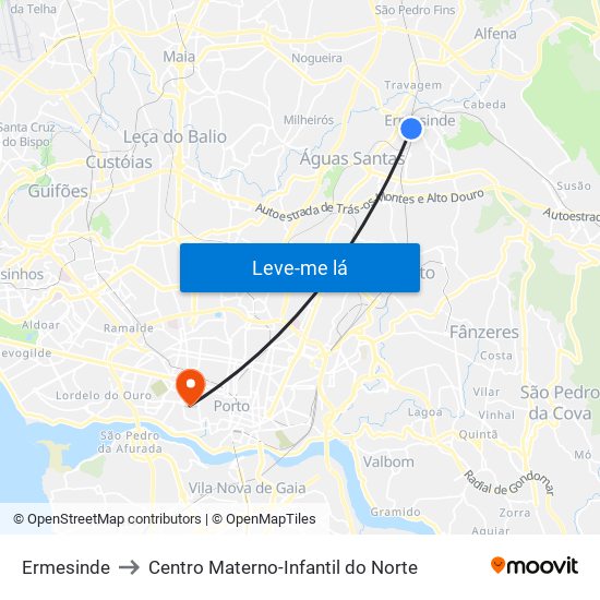 Ermesinde to Centro Materno-Infantil do Norte map