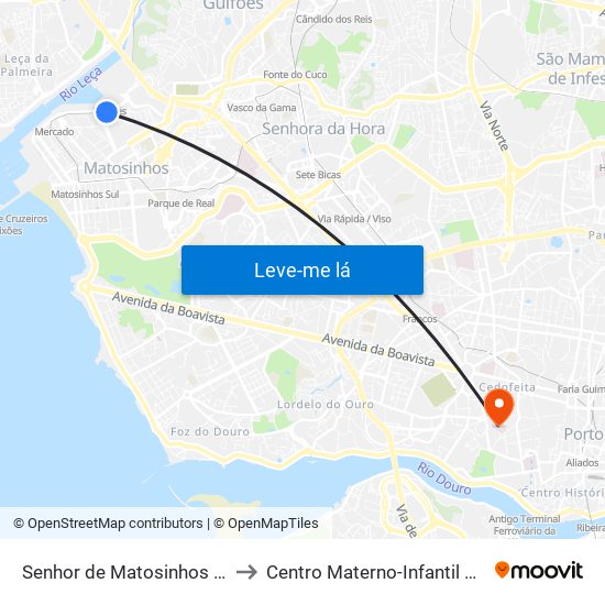 Senhor de Matosinhos (Metro) to Centro Materno-Infantil do Norte map