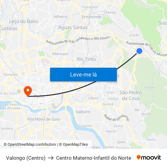 Valongo (Centro) to Centro Materno-Infantil do Norte map
