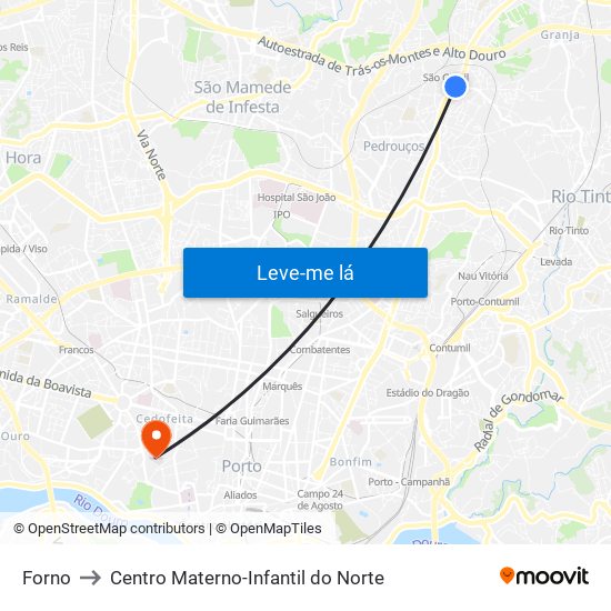 Forno to Centro Materno-Infantil do Norte map