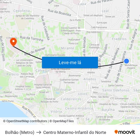 Bolhão (Metro) to Centro Materno-Infantil do Norte map