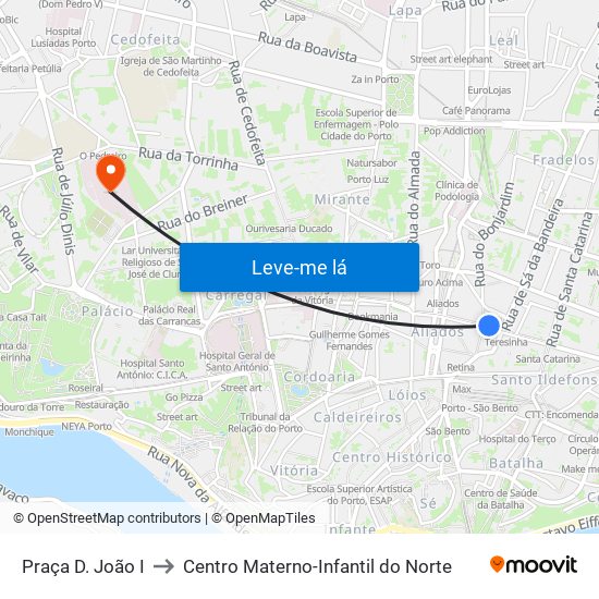 Praça D. João I to Centro Materno-Infantil do Norte map