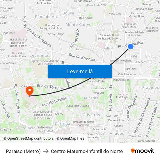 Paraíso (Metro) to Centro Materno-Infantil do Norte map