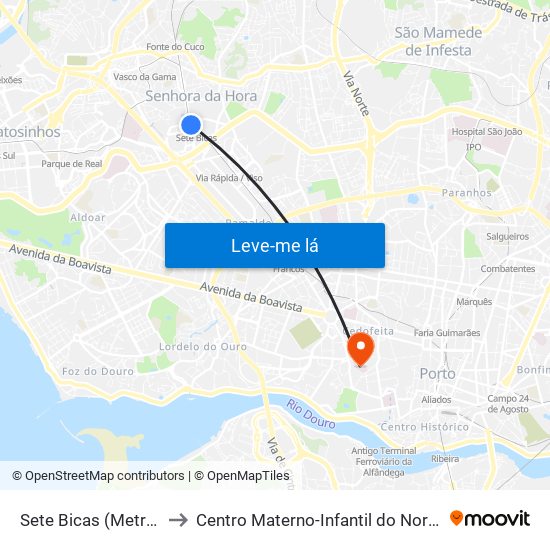 Sete Bicas (Metro) to Centro Materno-Infantil do Norte map