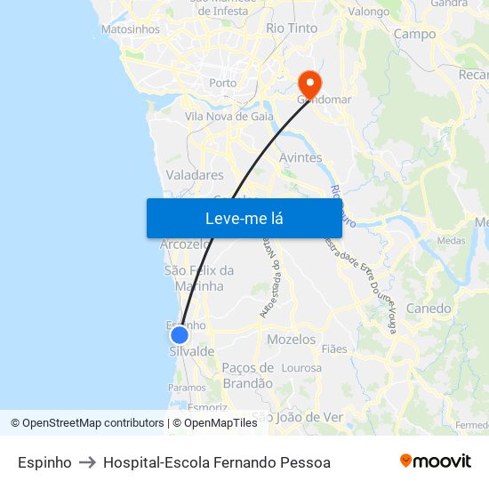 Espinho to Hospital-Escola Fernando Pessoa map