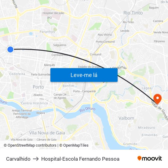 Carvalhido to Hospital-Escola Fernando Pessoa map