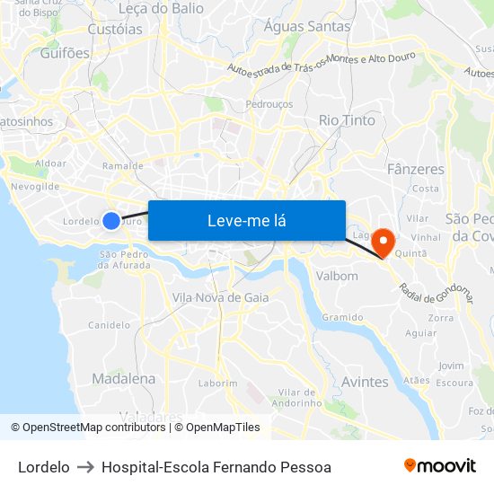 Lordelo to Hospital-Escola Fernando Pessoa map