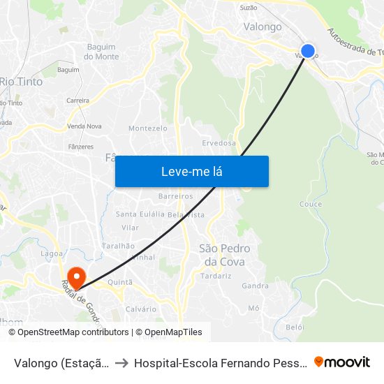 Valongo (Estação) to Hospital-Escola Fernando Pessoa map