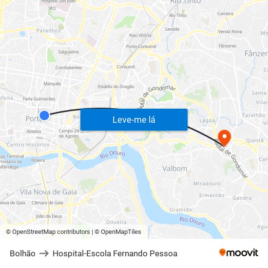Bolhão to Hospital-Escola Fernando Pessoa map