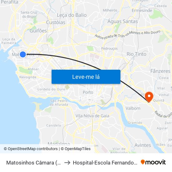 Matosinhos Câmara (Matc1) to Hospital-Escola Fernando Pessoa map