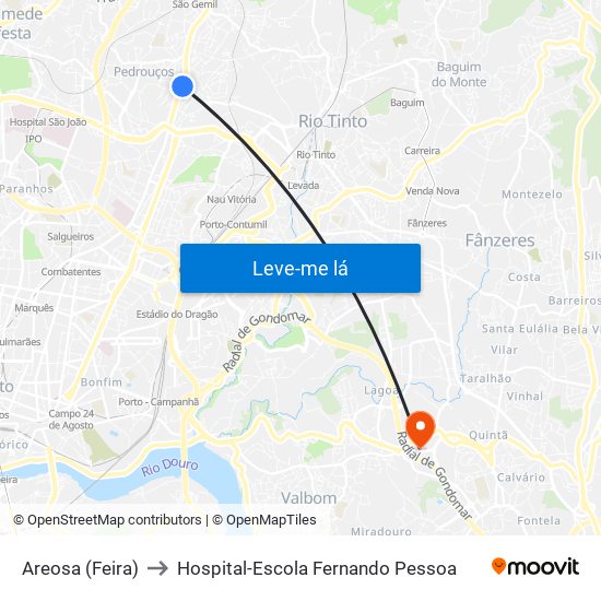 Areosa (Feira) to Hospital-Escola Fernando Pessoa map