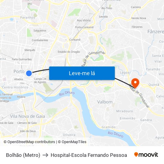 Bolhão (Metro) to Hospital-Escola Fernando Pessoa map