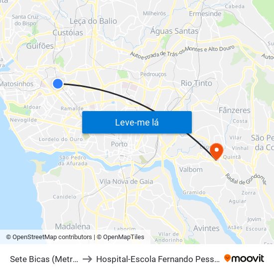 Sete Bicas (Metro) to Hospital-Escola Fernando Pessoa map