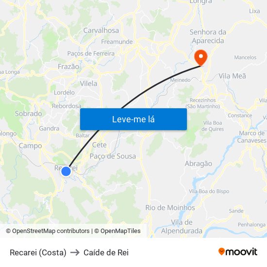 Recarei (Costa) to Caíde de Rei map