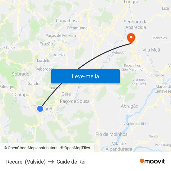 Recarei (Valvide) to Caíde de Rei map