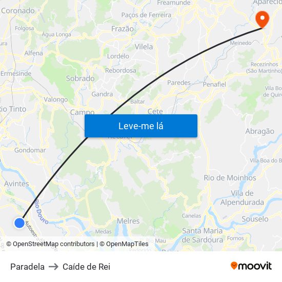 Paradela to Caíde de Rei map