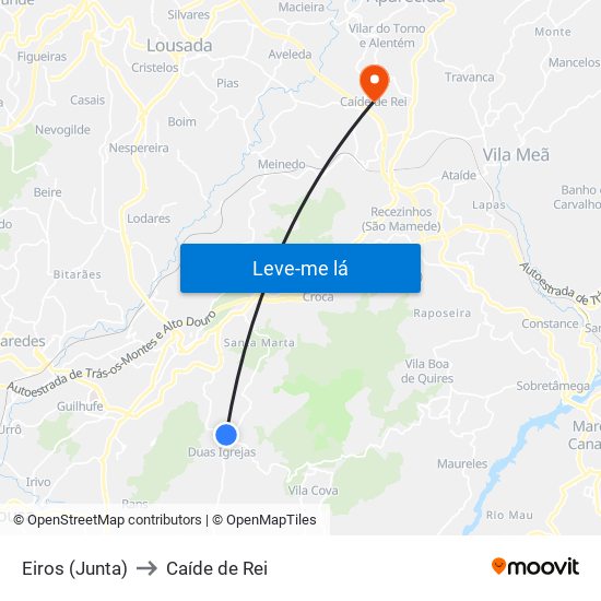 Eiros (Junta) to Caíde de Rei map