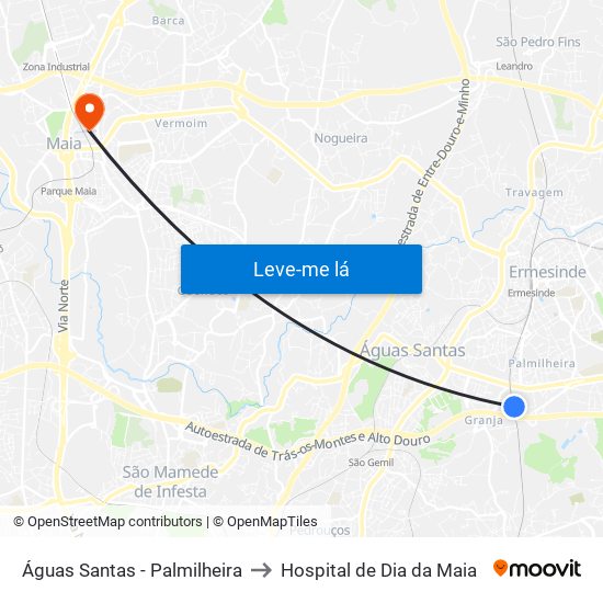 Águas Santas - Palmilheira to Hospital de Dia da Maia map