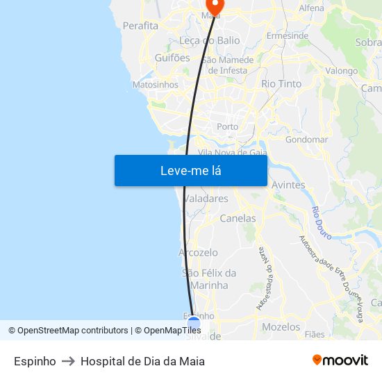 Espinho to Hospital de Dia da Maia map