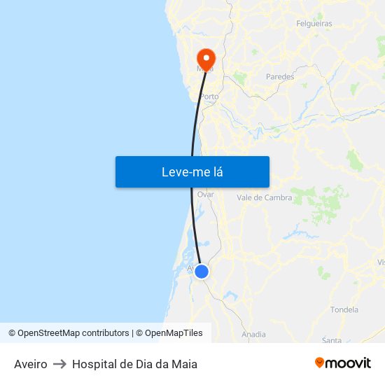 Aveiro to Hospital de Dia da Maia map