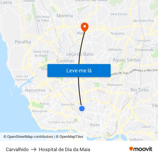 Carvalhido to Hospital de Dia da Maia map