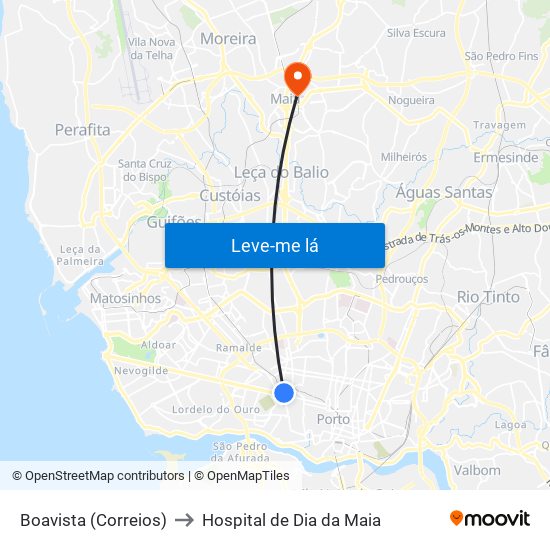 Boavista (Correios) to Hospital de Dia da Maia map