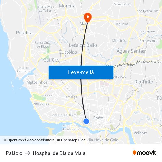 Palácio to Hospital de Dia da Maia map