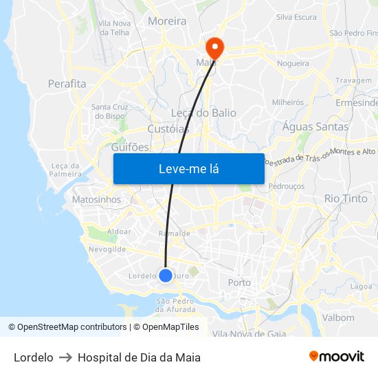 Lordelo to Hospital de Dia da Maia map