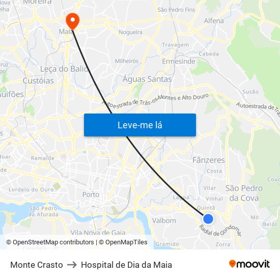 Monte Crasto to Hospital de Dia da Maia map