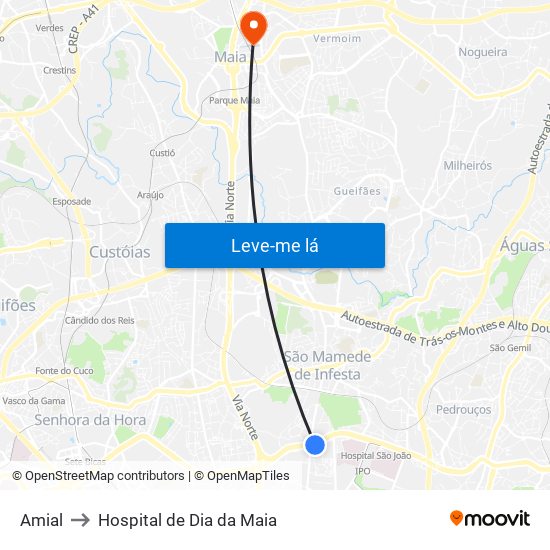 Amial to Hospital de Dia da Maia map