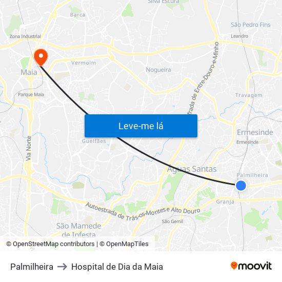 Palmilheira to Hospital de Dia da Maia map