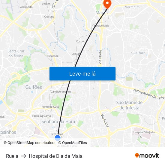 Ruela to Hospital de Dia da Maia map