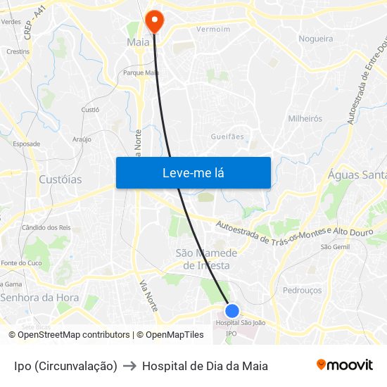 Ipo (Circunvalação) to Hospital de Dia da Maia map