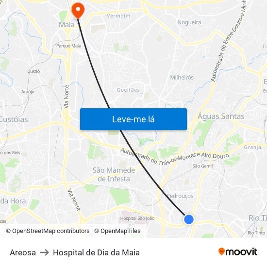 Areosa to Hospital de Dia da Maia map
