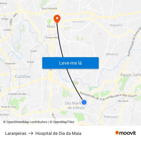 Laranjeiras to Hospital de Dia da Maia map