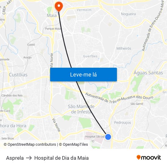 Asprela to Hospital de Dia da Maia map