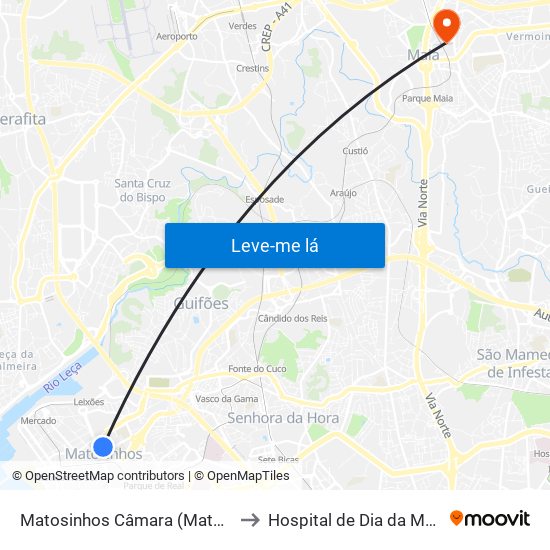 Matosinhos Câmara (Matc1) to Hospital de Dia da Maia map