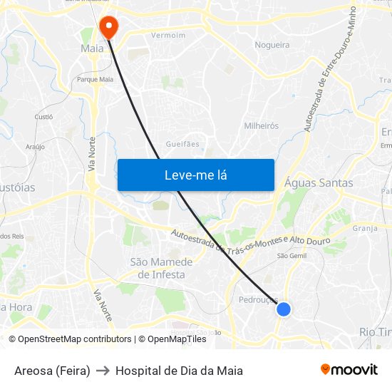 Areosa (Feira) to Hospital de Dia da Maia map
