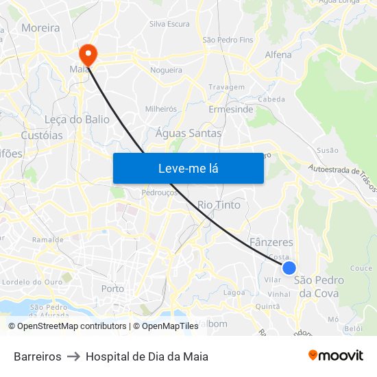 Barreiros to Hospital de Dia da Maia map