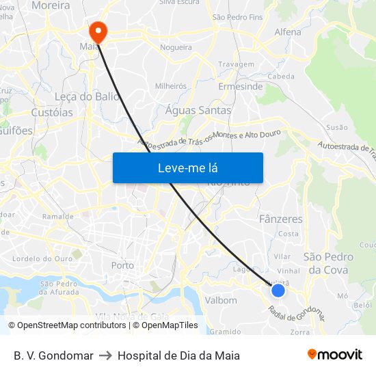 B. V. Gondomar to Hospital de Dia da Maia map