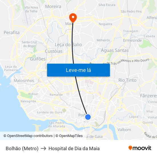 Bolhão (Metro) to Hospital de Dia da Maia map