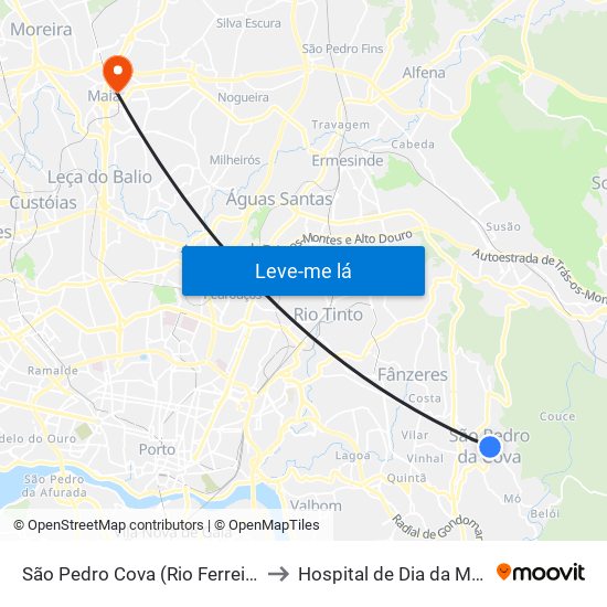 São Pedro Cova (Rio Ferreira) to Hospital de Dia da Maia map