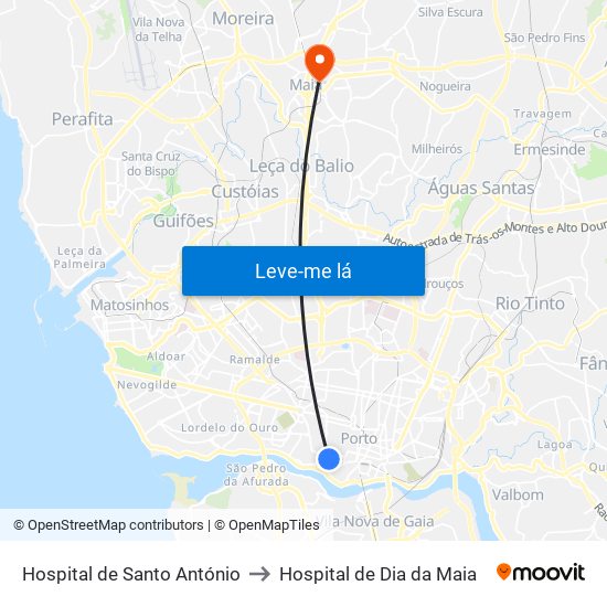 Hospital de Santo António to Hospital de Dia da Maia map