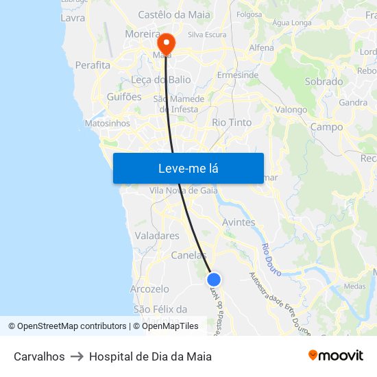 Carvalhos to Hospital de Dia da Maia map